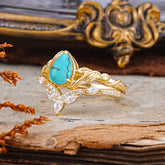 Nature-Inspired 3-Prong Oval-Cut Turquoise Engagement Ring Set with Vine Accents